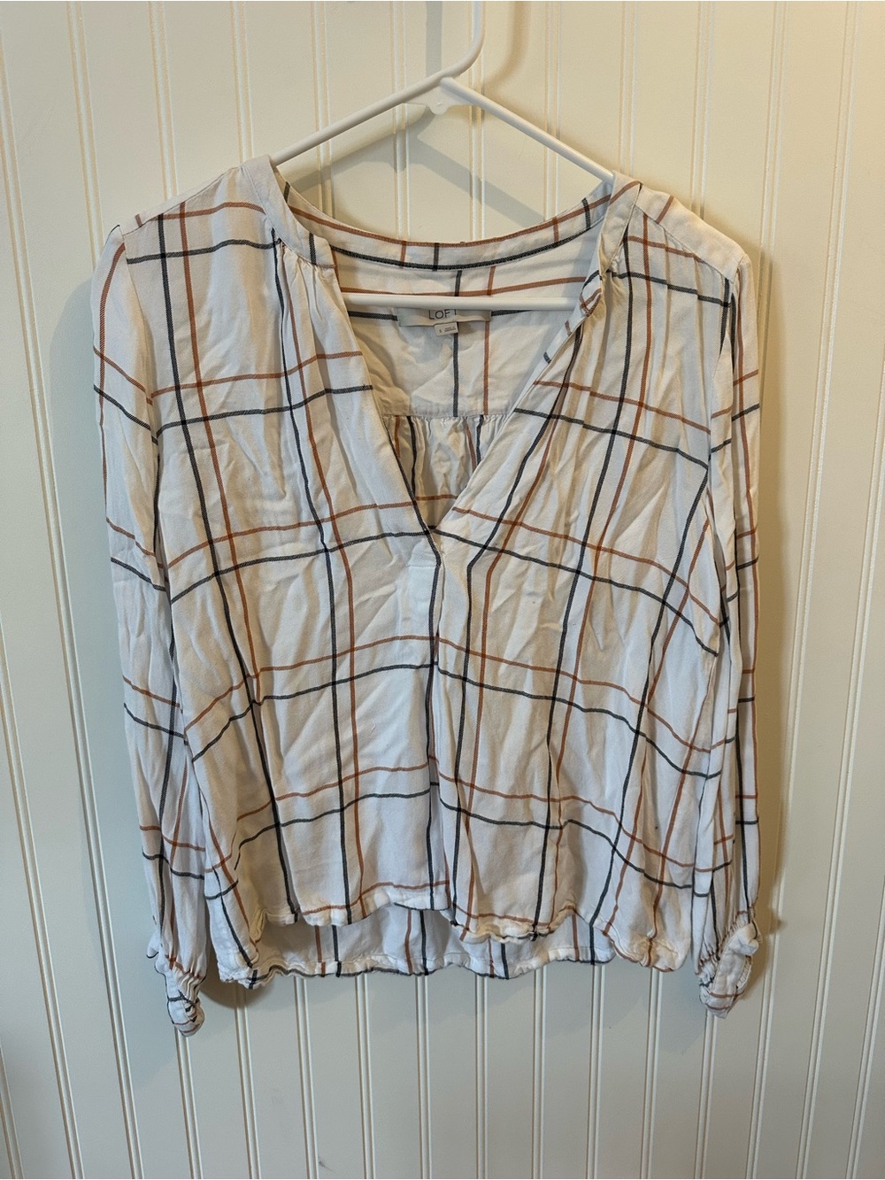 LOFT White Plaid V-Neck Long Sleeve Blouse with Brown and Black Windowpane
